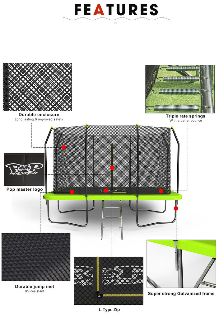 PoP Master 9FT x 7FT Rectangular Trampoline with Spring Ladder Safety Net Kids