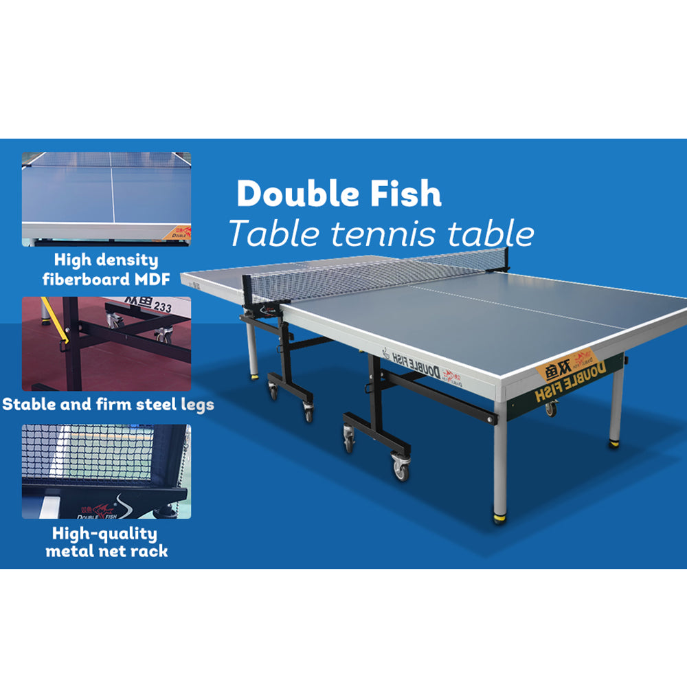 DOUBLE FISH Indoor 25mm ITTF-Approval Table Tennis/Ping Pong Table Foldable Design High-quality Steel Leg - Blue&gray