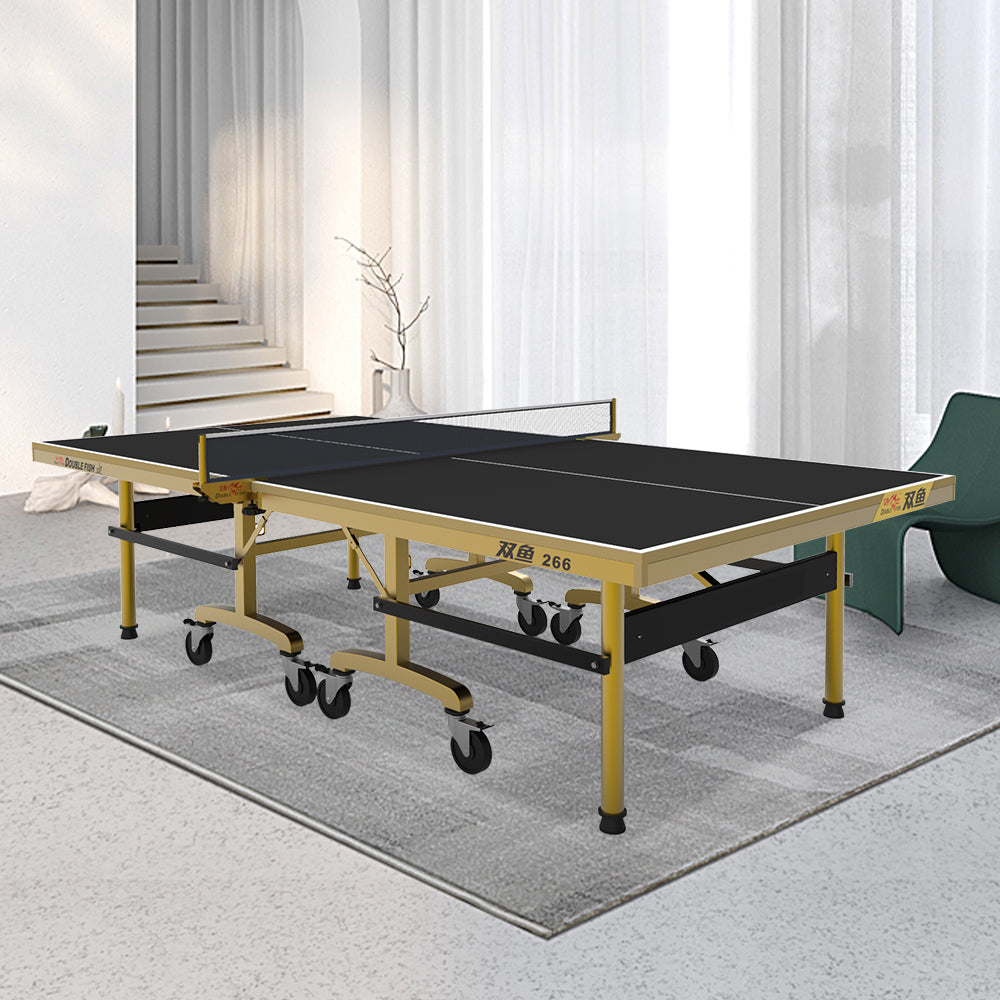 DOUBLE FISH 266 Indoor Foldable Table Tennis/Ping Pong Table High-quality Steel Leg Competition Table - Gold&Black